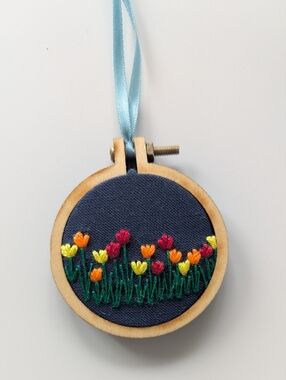 Hand-Embroidered Floral Ornament in Navy with Multicolor Tulips
